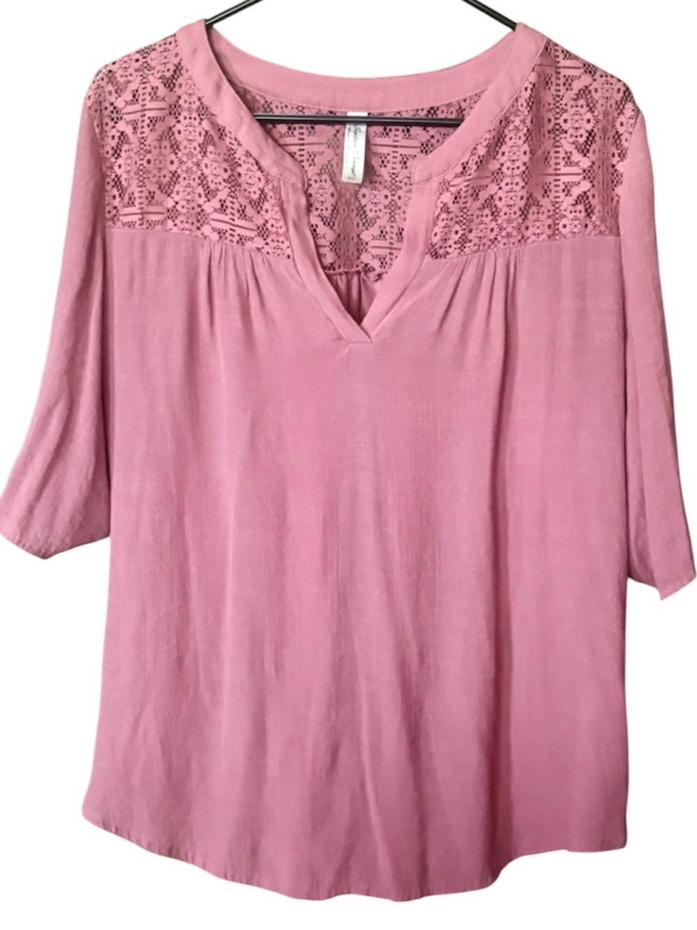 PerSeption Concept Pink Lace-Yoke V-Neck 3/4 sleeve Blouse Womens’s size XL
